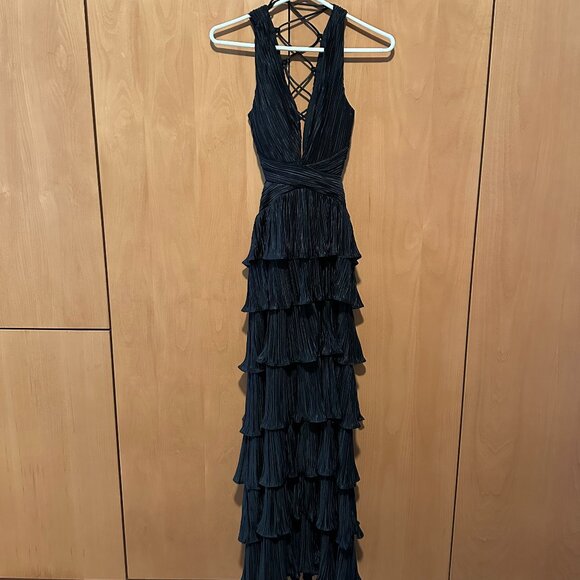 Lulus Black Satin Pleated Tiered Lace-Up Maxi Dress XS - Picture 5 of 10